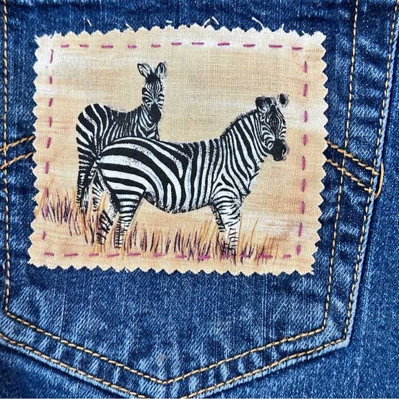Levi’s 505 strght leg 14 S patchwork, hand, stitched jeans, safari jungle design - Picture 10 of 11